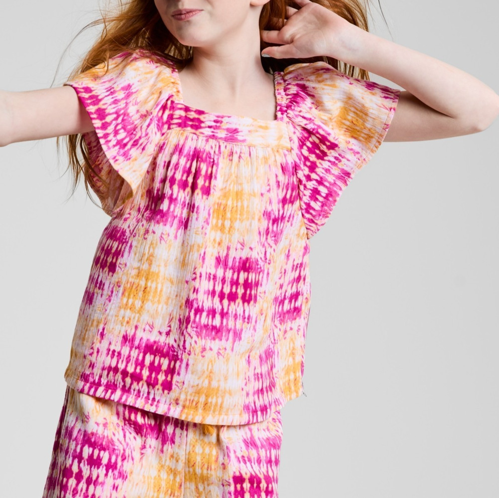 Epic Threads Girls Tie Dye Flutter Sleeve Top Size S 7-8 Bright Peony Pink NEW
